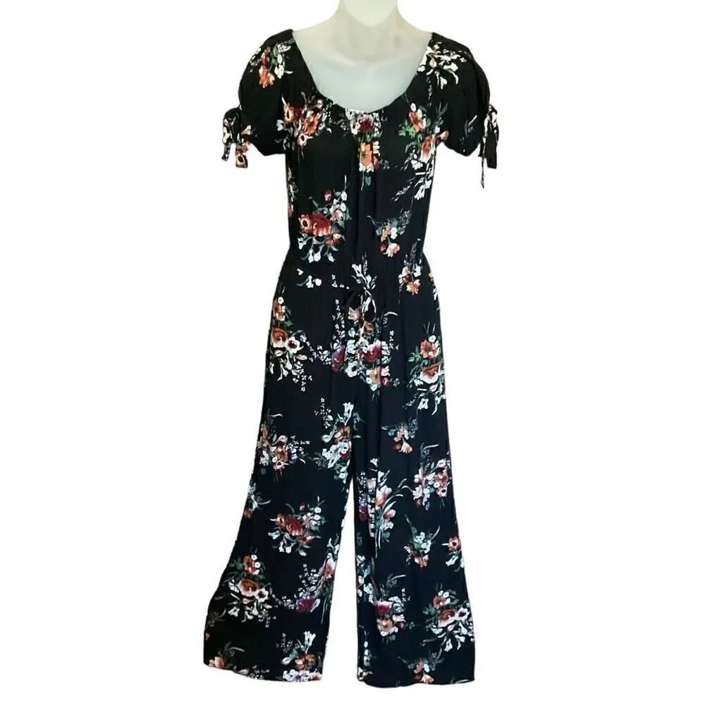 Band Of Gypsies Jumpsuit Elastic Neckline Off Shoulder Black Floral Print Small